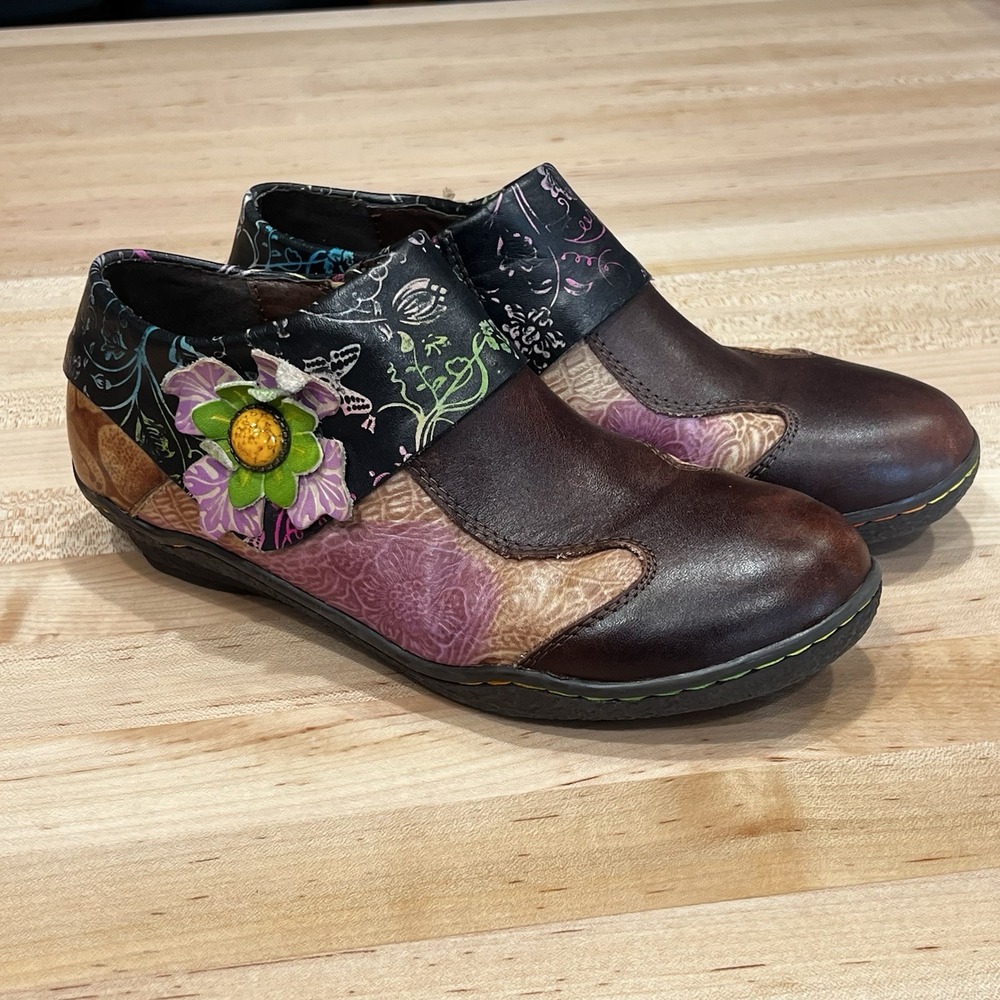 Socofy Vicconfy Ethnic Flower Leather Handmade Flat Shoes, Size 38 (7-7.5)